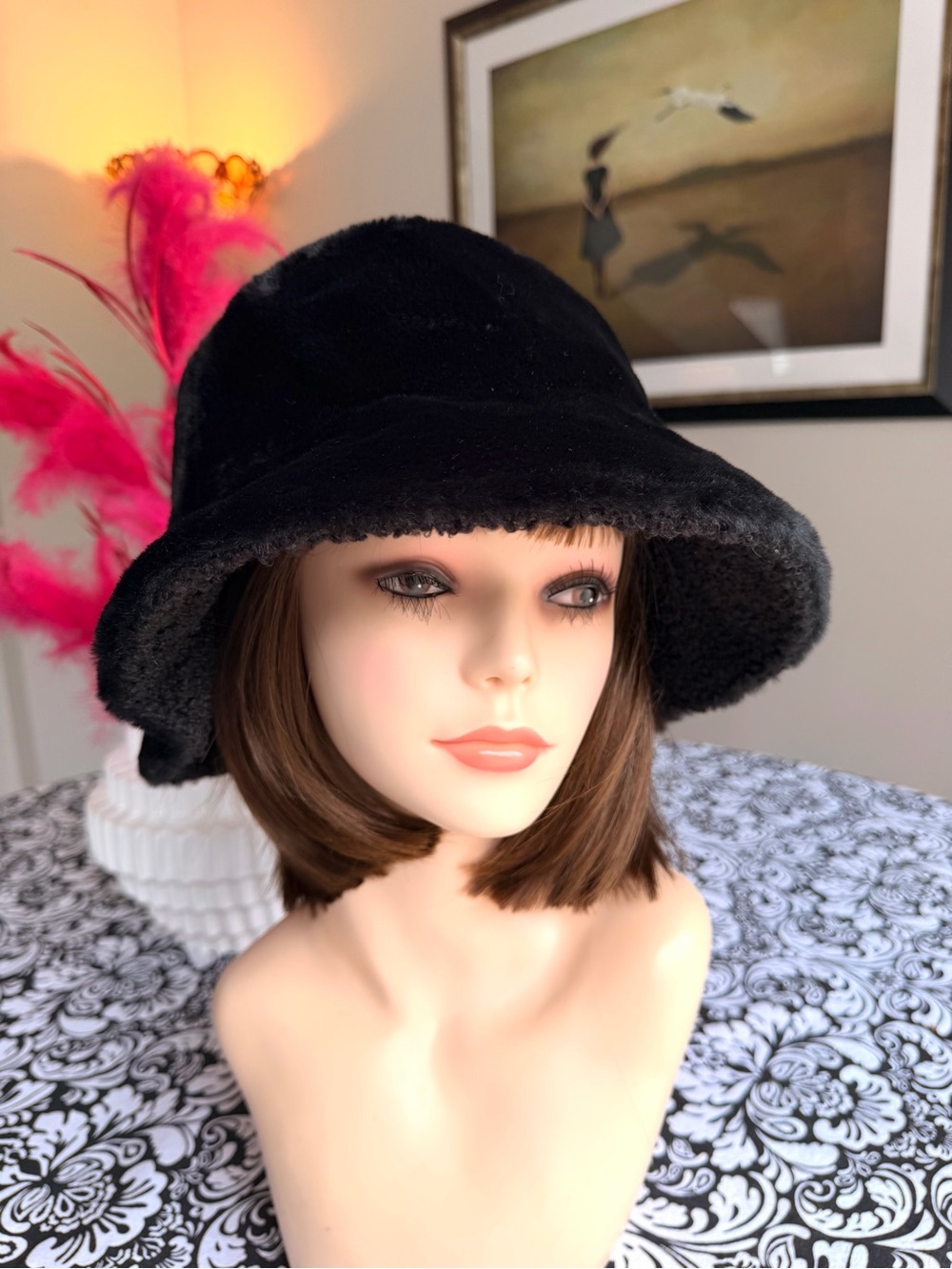 Sprigs Black Faux Fur Plush Bucket Hat Adjustable Fit